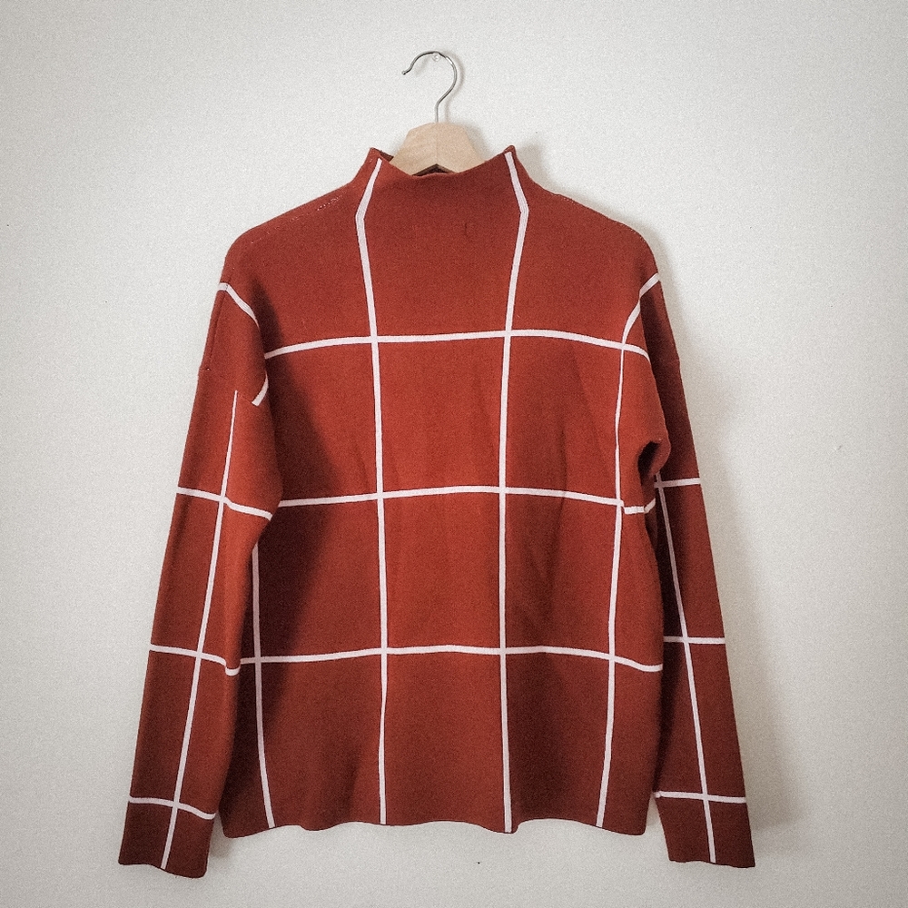 Cynthia Rowley Rust Brown Soft Mockneck Sweater Grid Pattern Sz Med